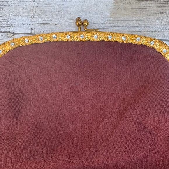 VTG 60s Garay Purse Clutch Brown Fabric Gold Flowers Rhinestone Kisslock MCM - Picture 3 of 9